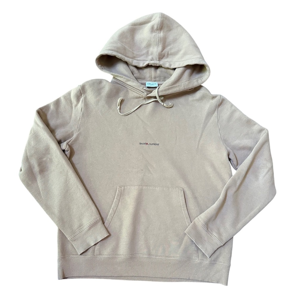 Saint Laurent Tan Logo Print Cotton Blend Hoodie Size Medium